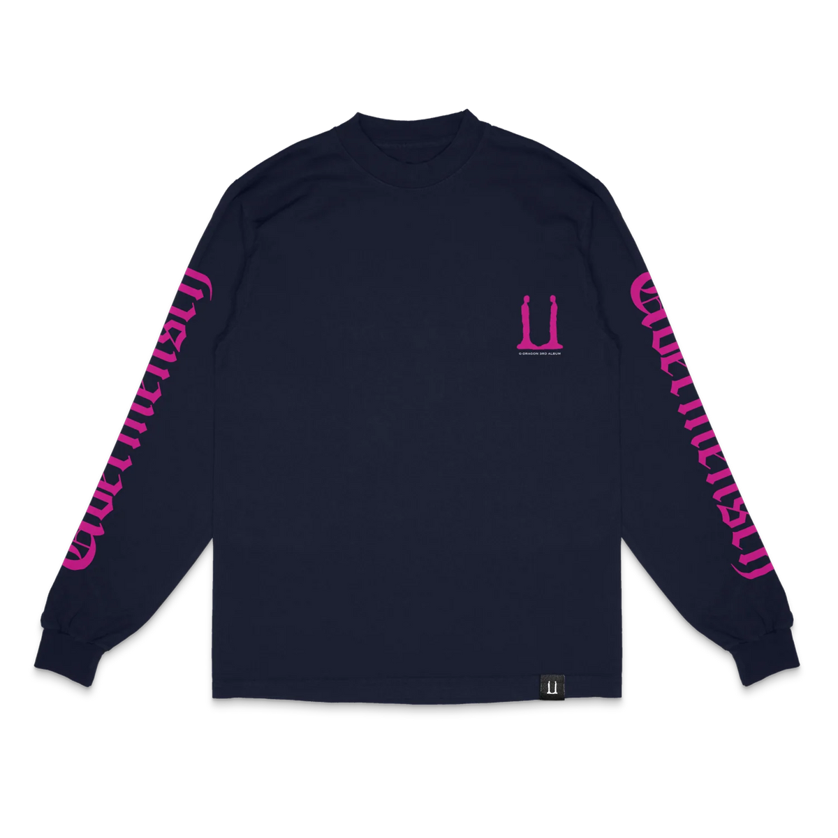 G-Dragon Übermensch long sleeve t-shirt in navy – front with pink U chest logo and Übermensch sleeve prints