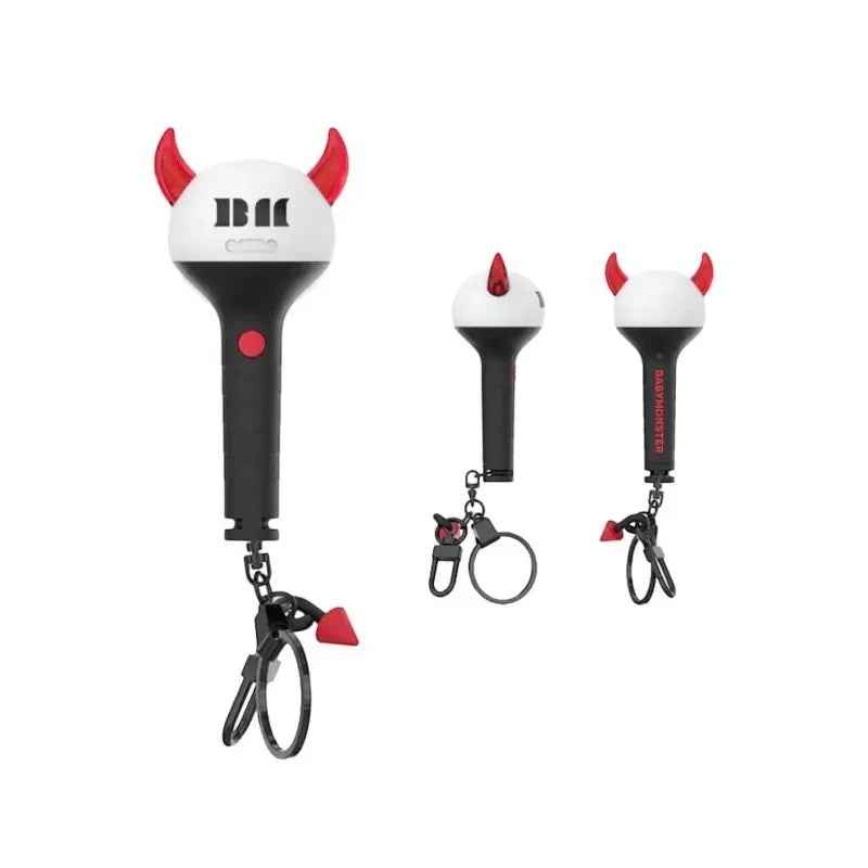 Lightstick Shop BABYMONSTER mini lightstick keychain with red devil horns and black handle in three different views