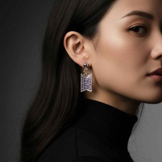 Lightstick Shop BTS x STONEHENgE Moment of Light purple crystal logo dangle earrings, silver 925 with white gold plating.