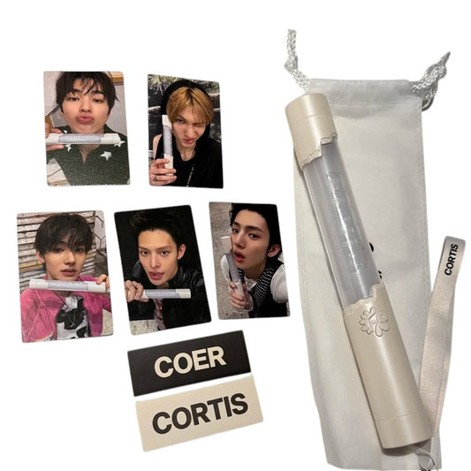 Lightstick Shop Cortis official light stick with white pouch, wrist strap, sticker sheets, and five member photocards.