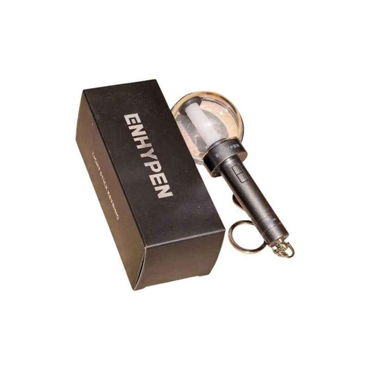 Lightstick Shop ENHYPEN mini lightstick keychain replica with light-up feature and keyring. Dark grey plastic.