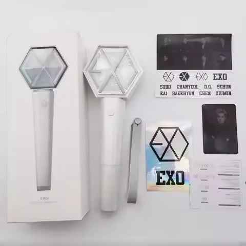 Lightstick Shop EXO Official Lightstick, white, hexagonal head with EXO logo, includes stickers and member photo.