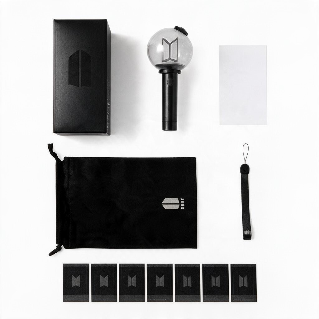 Lightstick Shop BTS Army Bomb Ver.4 lightstick set with black storage pouch, wrist strap, and member photo cards.