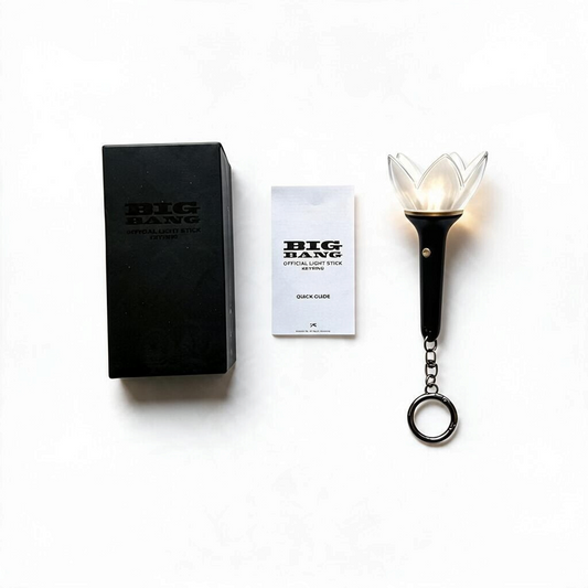Lightstick Shop BIGBANG 20th anniversary crown keyring with glowing LED, black handle, and metal clasp with packaging.