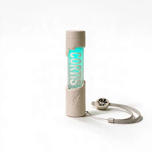 Lightstick Shop CORTIS mini LED lightstick keychain in beige with a glowing green center and branded wrist strap.