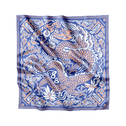G-Dragon Übermensch satin bandana scarf in blue with dragon and cloud print
