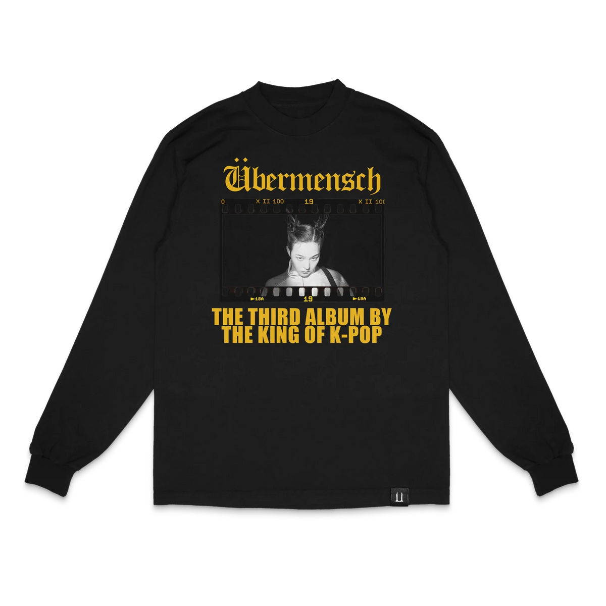G-Dragon King of K-Pop long sleeve t-shirt in black – front with Übermensch title and film-strip photo of GD