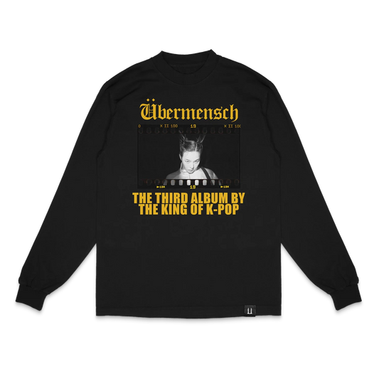 G-Dragon King of K-Pop long sleeve t-shirt in black – front with Übermensch title and film-strip photo of GD