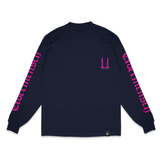 G-Dragon Übermensch long sleeve t-shirt in navy – front with pink U chest logo and Übermensch sleeve prints