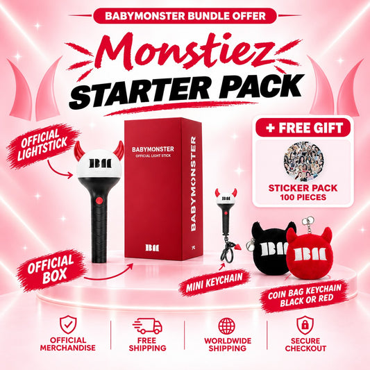 BABYMONSTER Starter Pack: official lightstick with its box, mini keychain, Devil Horn coin bag keychain in black or red and a free 100-piece sticker pack - BABYMONSTER Lightstick Bundle