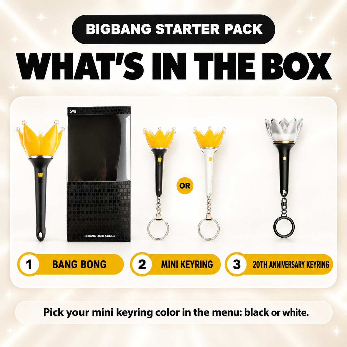 What's in the BIGBANG Starter Pack: official Bang Bong with box, mini keyring (black or white) and the 20th Anniversary keyring - BIGBANG Lightstick Bundle