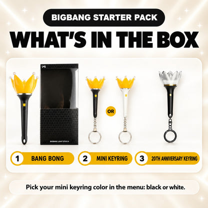 What's in the BIGBANG Starter Pack: official Bang Bong with box, mini keyring (black or white) and the 20th Anniversary keyring - BIGBANG Lightstick Bundle
