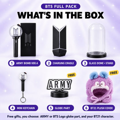 What's in the BTS Full Pack: official ARMY Bomb Ver.4 with its box, cradle, glass dome + stand, mini keychain, globe part and BT21 plush cover - BTS Lightstick Bundle