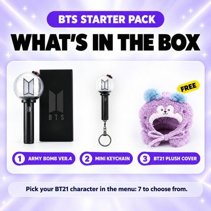 What's in the BTS Starter Pack: official ARMY Bomb Ver.4 with its box, mini keychain and a free BT21 plush cover - BTS Lightstick Bundle