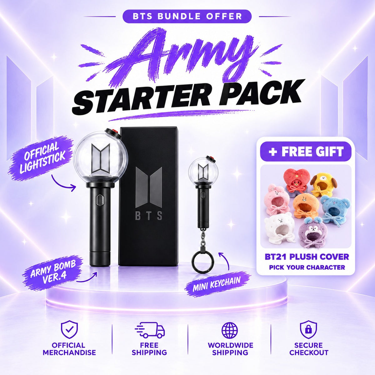 BTS Starter Pack: official ARMY Bomb Ver.4 with its box, mini keychain and a free BT21 plush cover you choose - BTS Lightstick Bundle