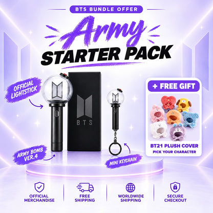 BTS Starter Pack: official ARMY Bomb Ver.4 with its box, mini keychain and a free BT21 plush cover you choose - BTS Lightstick Bundle