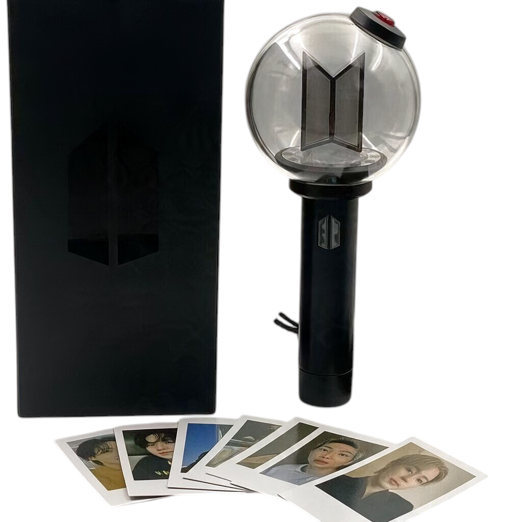 Lightstick Shop BTS Army Bomb Ver.4 lightstick with clear globe and black handle, including box and member photo cards.