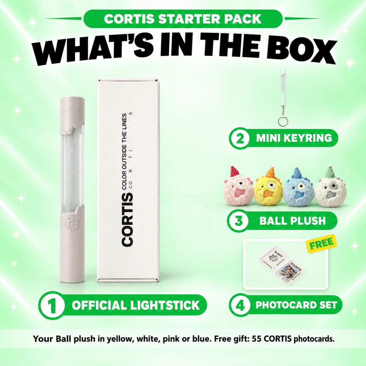 What's in the CORTIS Starter Pack: official lightstick with box, mini keyring, Ball plush (yellow, white, pink or blue) and a free photocard set - CORTIS Lightstick Bundle