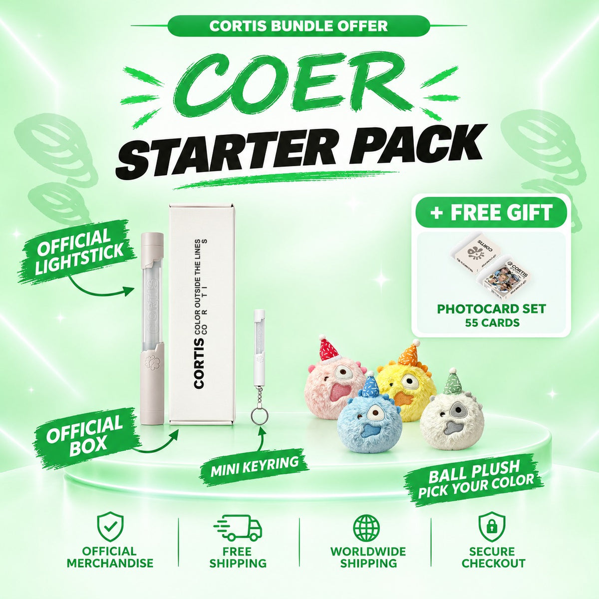 CORTIS Starter Pack: official lightstick with its box, mini keyring, Ball plush in the color you pick and a free photocard set - CORTIS Lightstick Bundle
