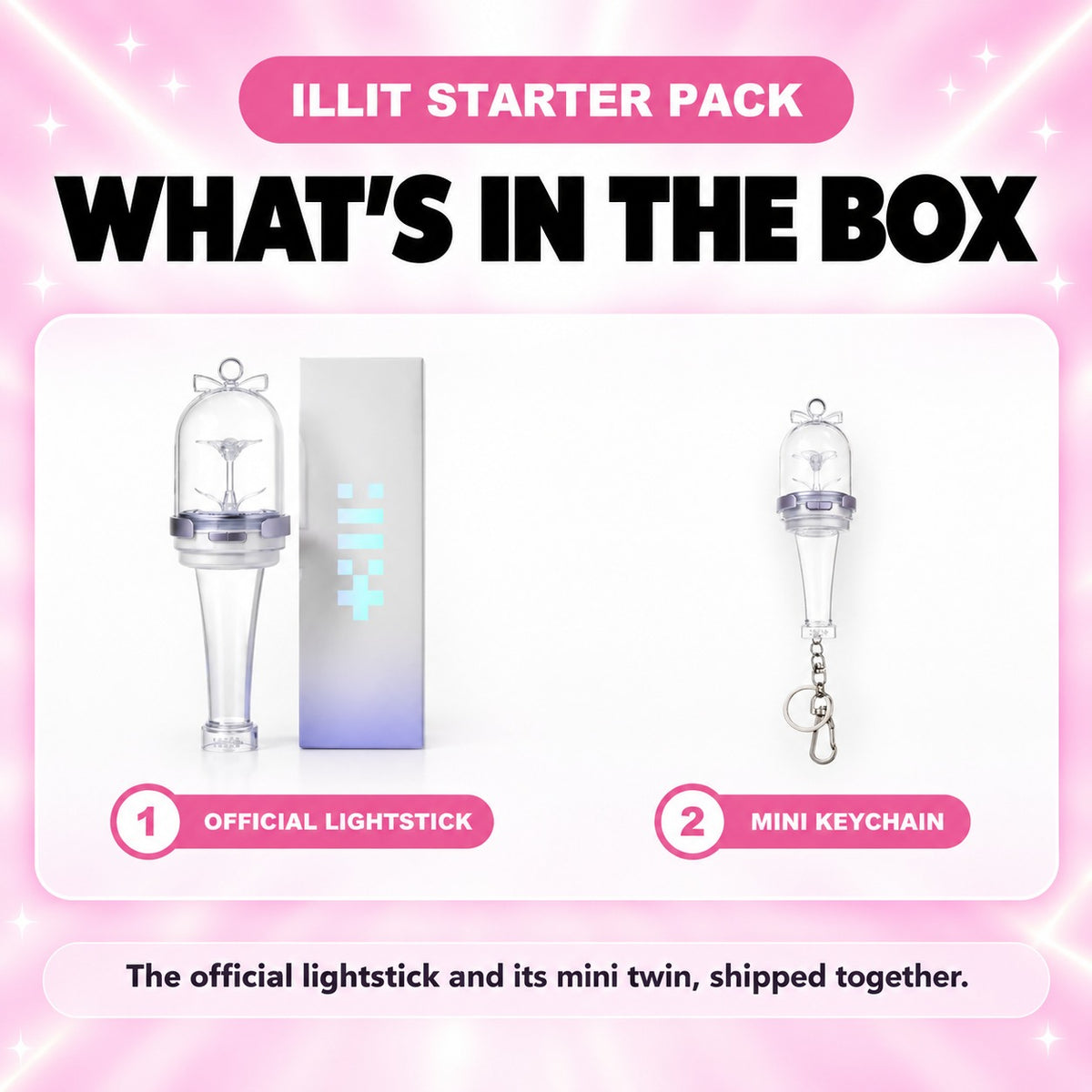 What's in the ILLIT Starter Pack: official lightstick with box and mini keychain - ILLIT Lightstick Bundle