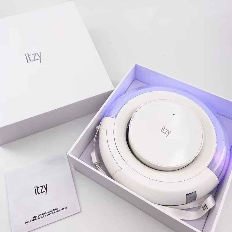 Lightstick Shop ITZY official light ring in white with glowing purple LED light in its original packaging box