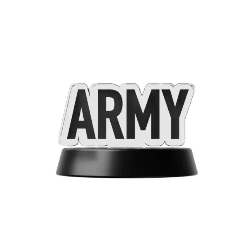 Lightstick Shop ARMY Bomb Ver.4 protective base cover with clear acrylic ARMY lettering on a black stand.