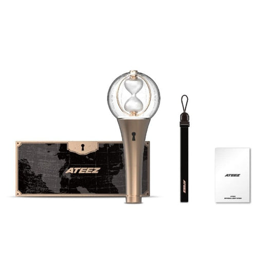 Lightstick Shop ATEEZ Ver.2 LIGHTINY lightstick with globe and hourglass design, wrist strap, and manual.