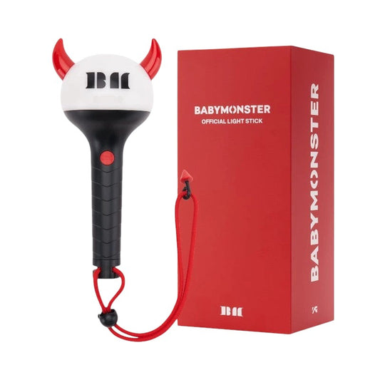 Lightstick Shop BABYMONSTER official lightstick with red devil horns and black handle, includes red box.