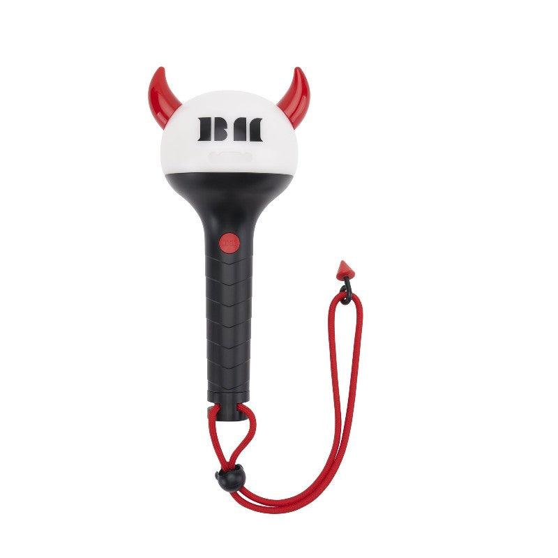 Lightstick Shop BABYMONSTER official lightstick with black handle, white orb, and red devil horns. Features 'BM' logo.