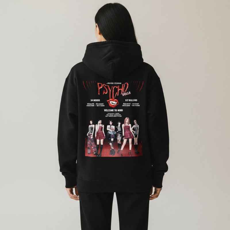 PSYCHO Graphic Pullover Hoodie Black Back - BABYMONSTER Hoodie