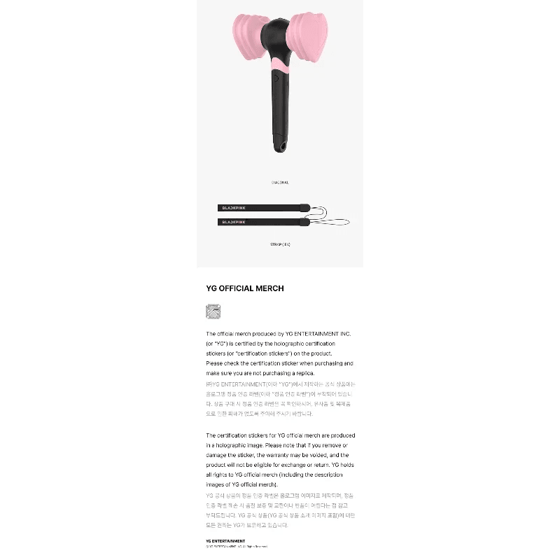 Lightstick Shop Bl-Ping-Bong Official Lightstick Ver.2 for BLACKPINK. Hammer-shaped, black and pink, with two heart-shaped light elements.