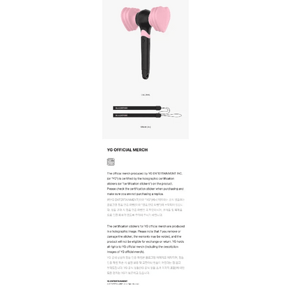 Lightstick Shop Bl-Ping-Bong Official Lightstick Ver.2 for BLACKPINK. Hammer-shaped, black and pink, with two heart-shaped light elements.