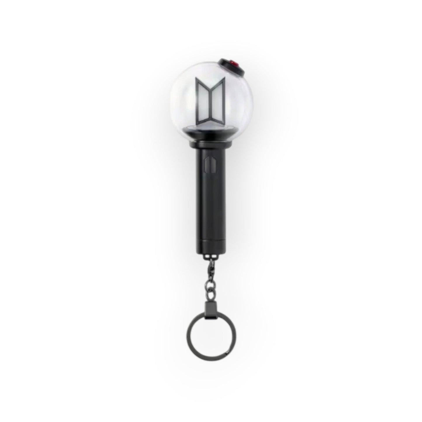 Lightstick Shop BTS Army Bomb Ver.4 mini lightstick keychain with a black handle and clear globe on a white background.