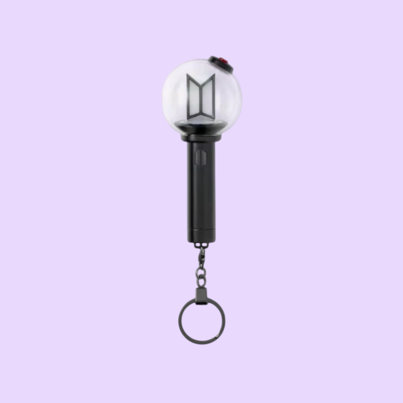 Lightstick Shop BTS Army Bomb Ver.4 mini lightstick keychain with a black handle and clear globe on a white background.