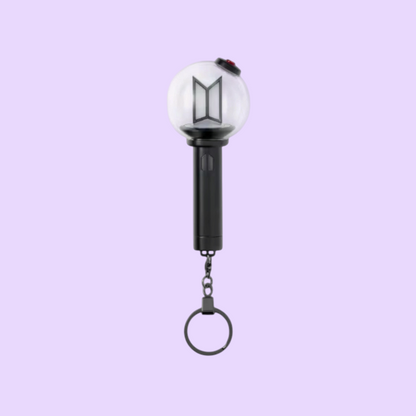 Lightstick Shop BTS Army Bomb Ver.4 mini lightstick keychain with a black handle and clear globe on a white background.
