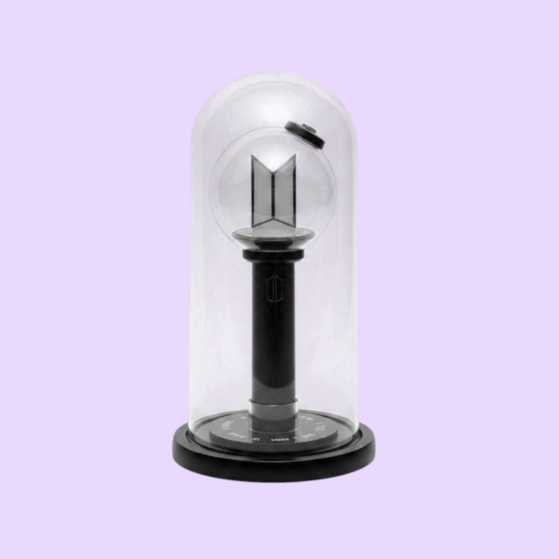 Lightstick Shop glass display dome with black base protecting a BTS Army Bomb lightstick on a white background