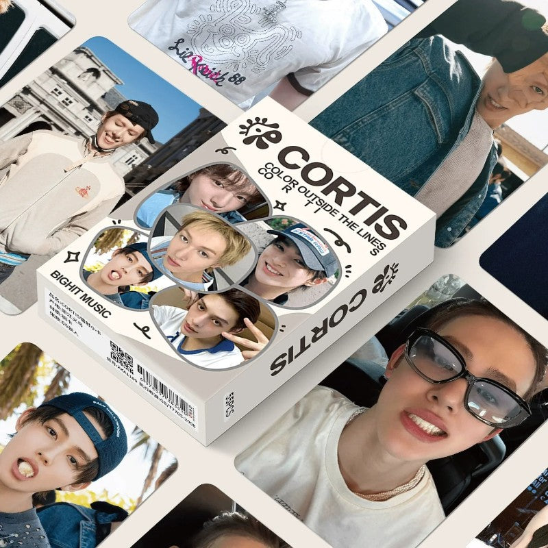 CORTIS photocard set with member portraits beside the custom printed box
