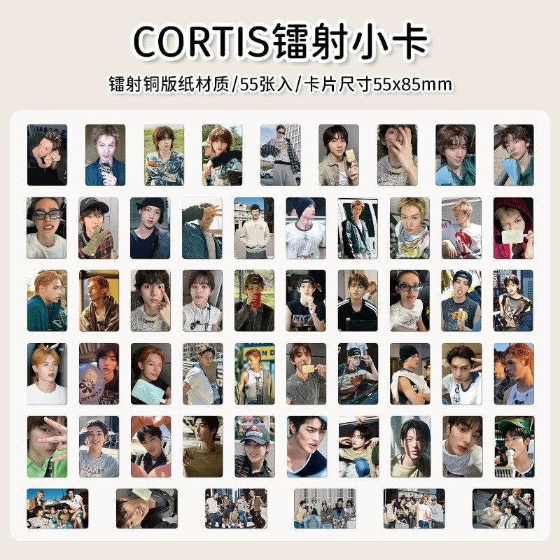 CORTIS photocard set showing 55 glossy holographic member portraits fanned out
