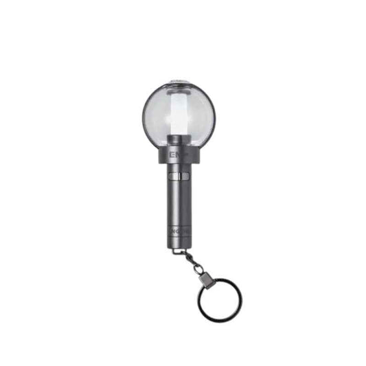 Lightstick Shop ENHYPEN mini lightstick keychain with a glowing white light and silver handle. Features a keyring attachment.