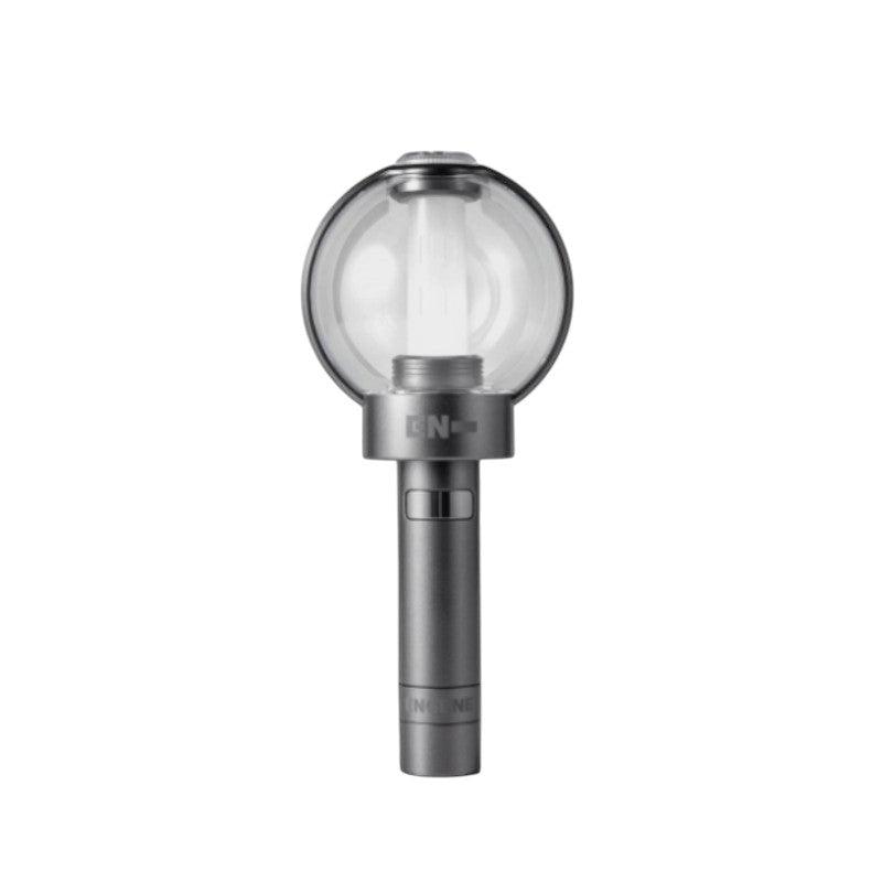 Lightstick Shop ENHYPEN official lightstick with a clear globe and dark grey handle. Features Bluetooth connectivity.