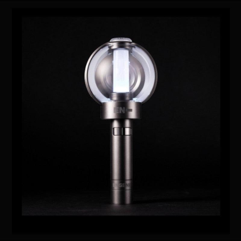 Lightstick Shop ENHYPEN Official Lightstick with a clear globe and white light, silver handle with ENGENE logo.