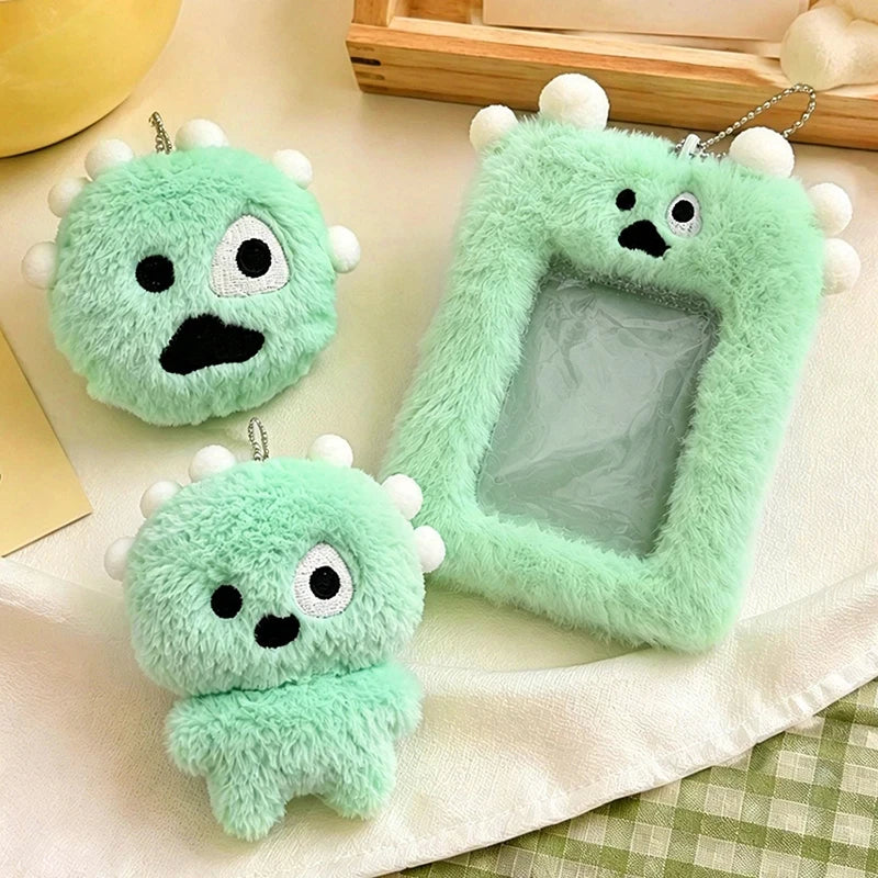 Green plush monster photocard holder and matching character keychain set