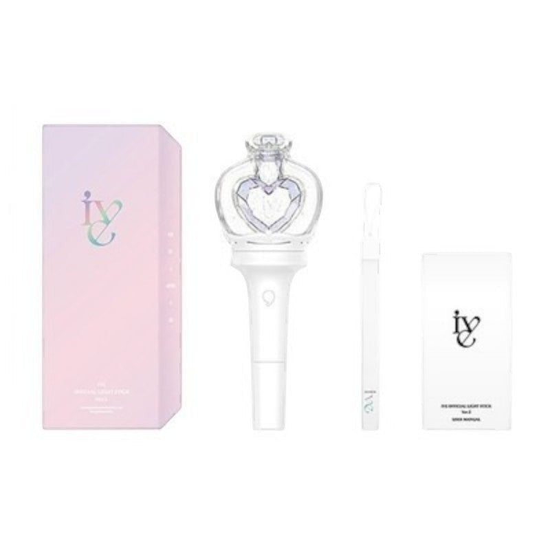 Lightstick Shop IVE Official Lightstick Ver.2 with heart-shaped glitter dome, white handle, wrist strap, and packaging.