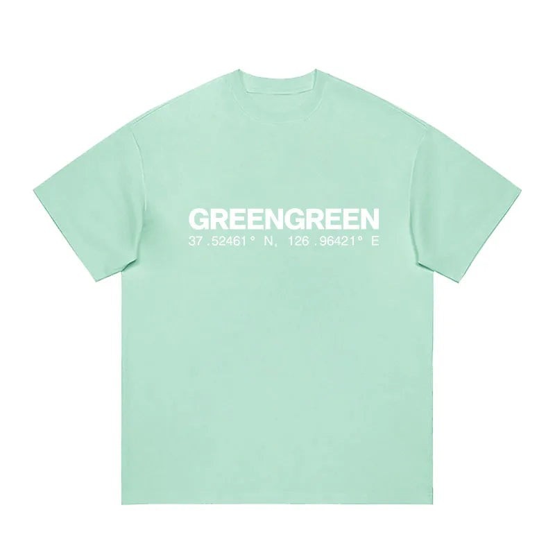 CORTIS GREENGREEN mint green cotton t-shirt with white wordmark and coordinates print