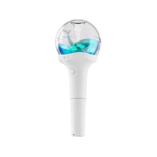 Lightstick Shop NMIXX official lightstick with a white handle and a clear orb containing blue liquid and a white whale tail.