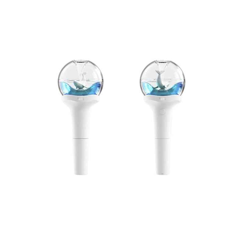 Lightstick Shop official NMIXX lightstick featuring a white handle and a clear globe with a blue whale figurine inside.