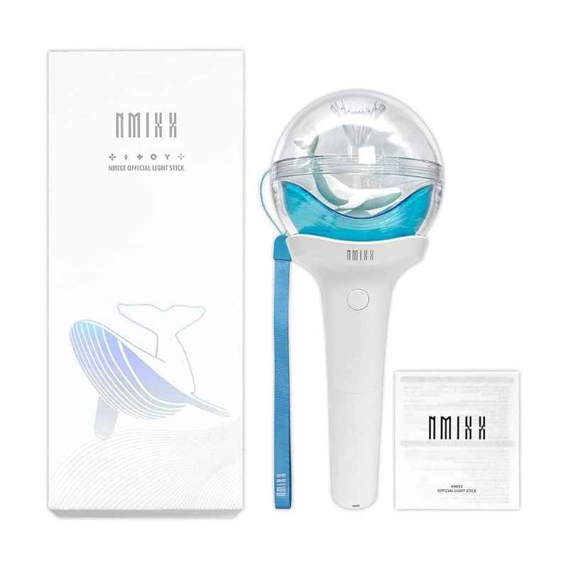 Lightstick Shop official NMIXX lightstick with a whale design inside a clear globe, white handle, and blue wrist strap.
