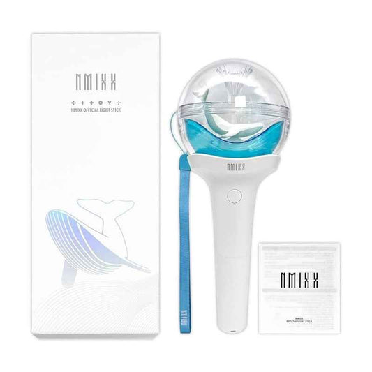 Lightstick Shop official NMIXX lightstick with a whale design inside a clear globe, white handle, and blue wrist strap.