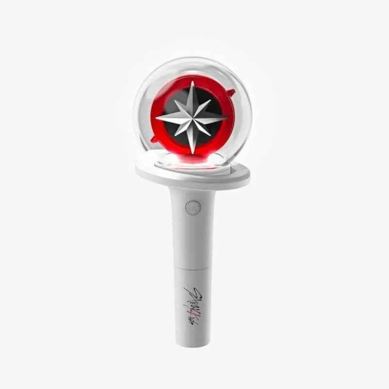 Lightstick Shop Stray Kids Nachimbong Official Lightstick Ver.2 with a white handle and a clear orb featuring a red and black compass design with a silver star.