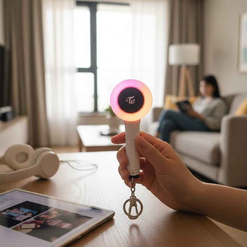 Lightstick Shop TWICE Candy Bong mini lightstick keychain glowing with a pink and white design in a hand.